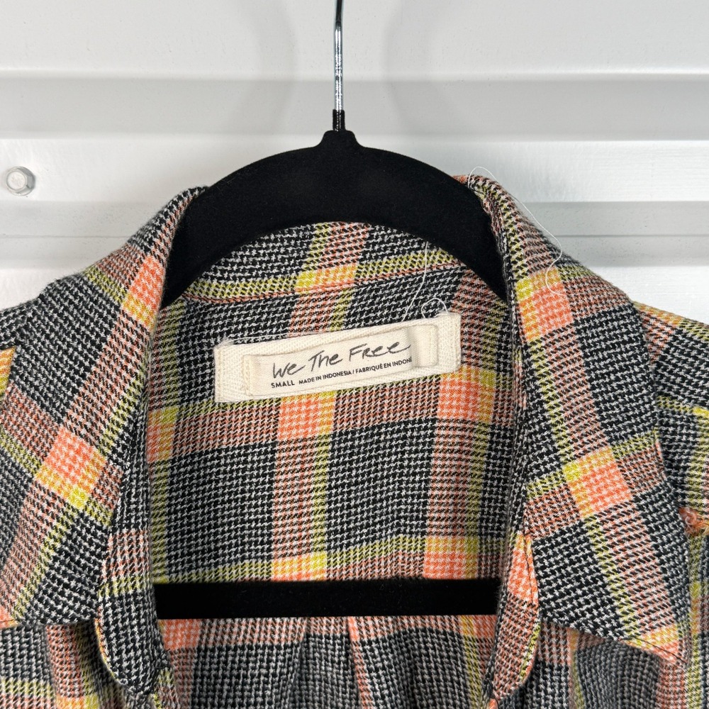 We The Free People Plaid Wrap Tie Front Top Orange Black‎ Small Raw Hem Fringe - Picture 2 of 4